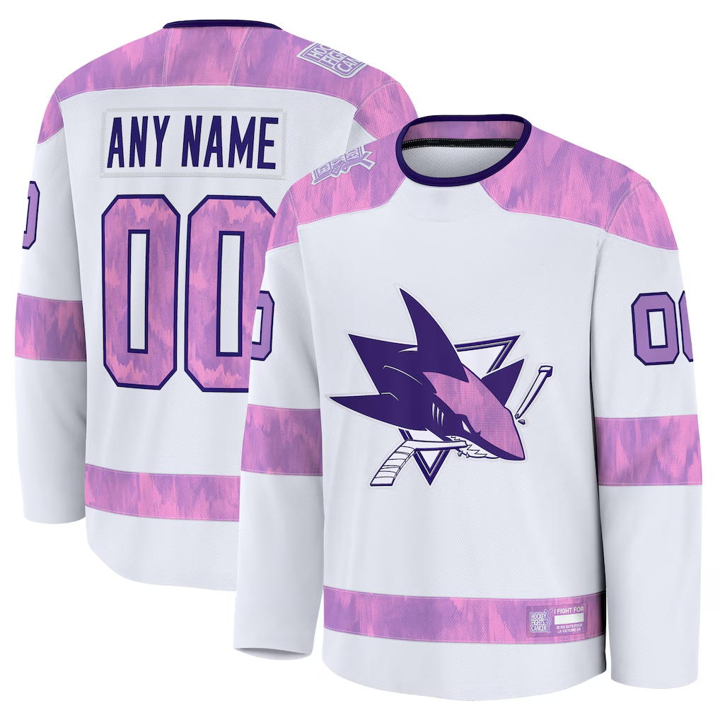 Blandc Custom SJ.Sharks White 2024 Hockey Fights Cancer Practice Jerseys