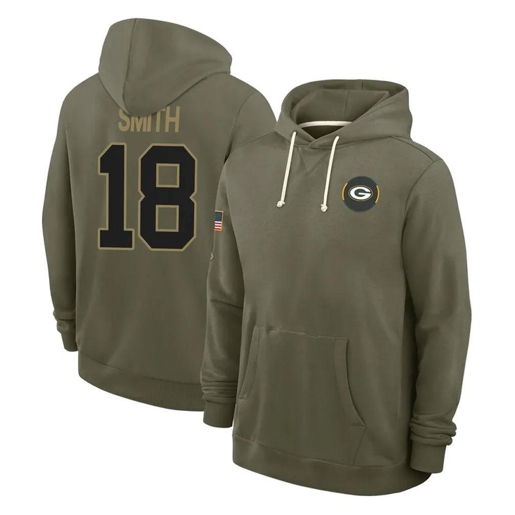 Blandc GB.Packers #18 Jonnu Smith Player Olive Salute to Service Pullover Hoodies Limited Stitched Jerseys
